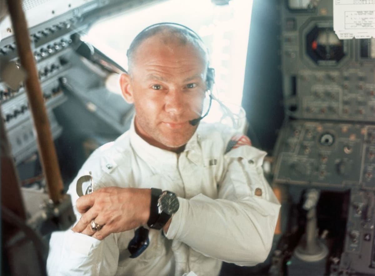 Lunar Module pilot Edwin E. Aldrin Jr on board the Lunar Module during the Apollo 11 lunar landing mission, 20th July 1969. (Photo by Neil Armstrong/Space Frontiers/Getty Images)
