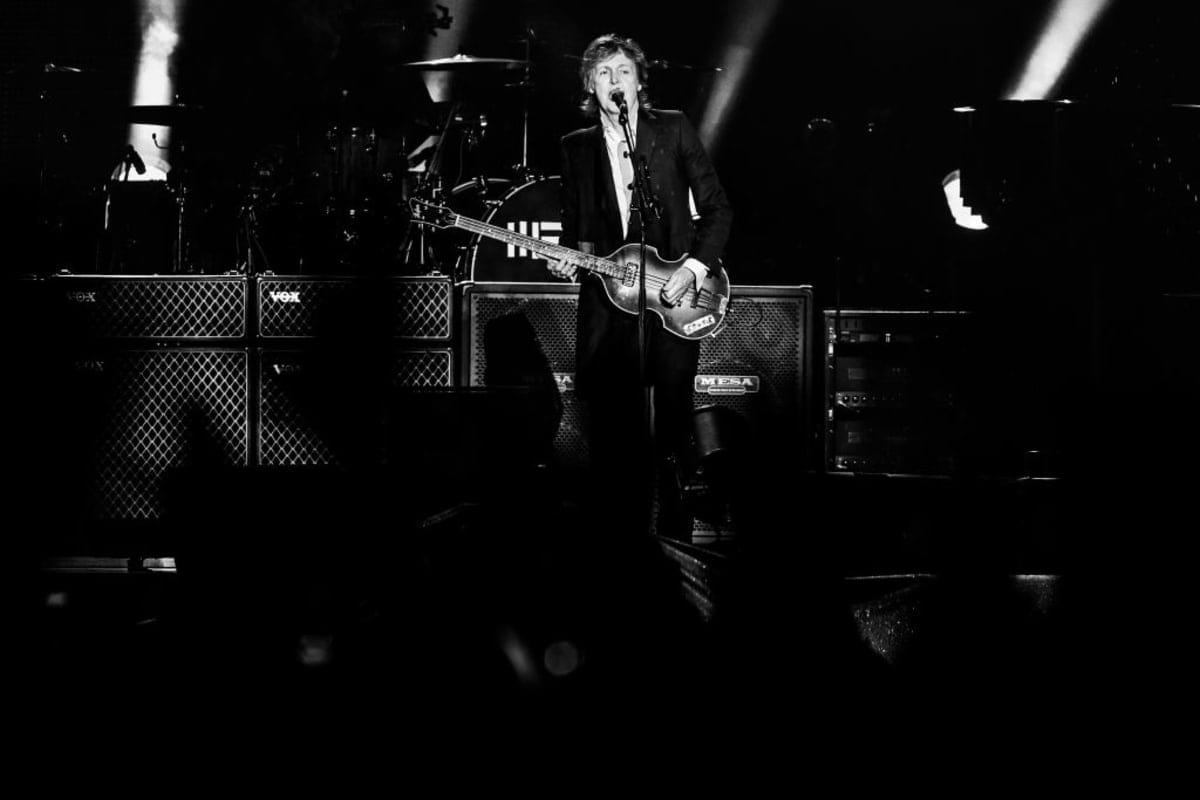 Image source: Image has been converted to black and white.) Paul McCartney performs live on stage on November 26, 2014 in Sao Paulo, Brazil. (Photo by Mauricio Santana/Getty Images)

